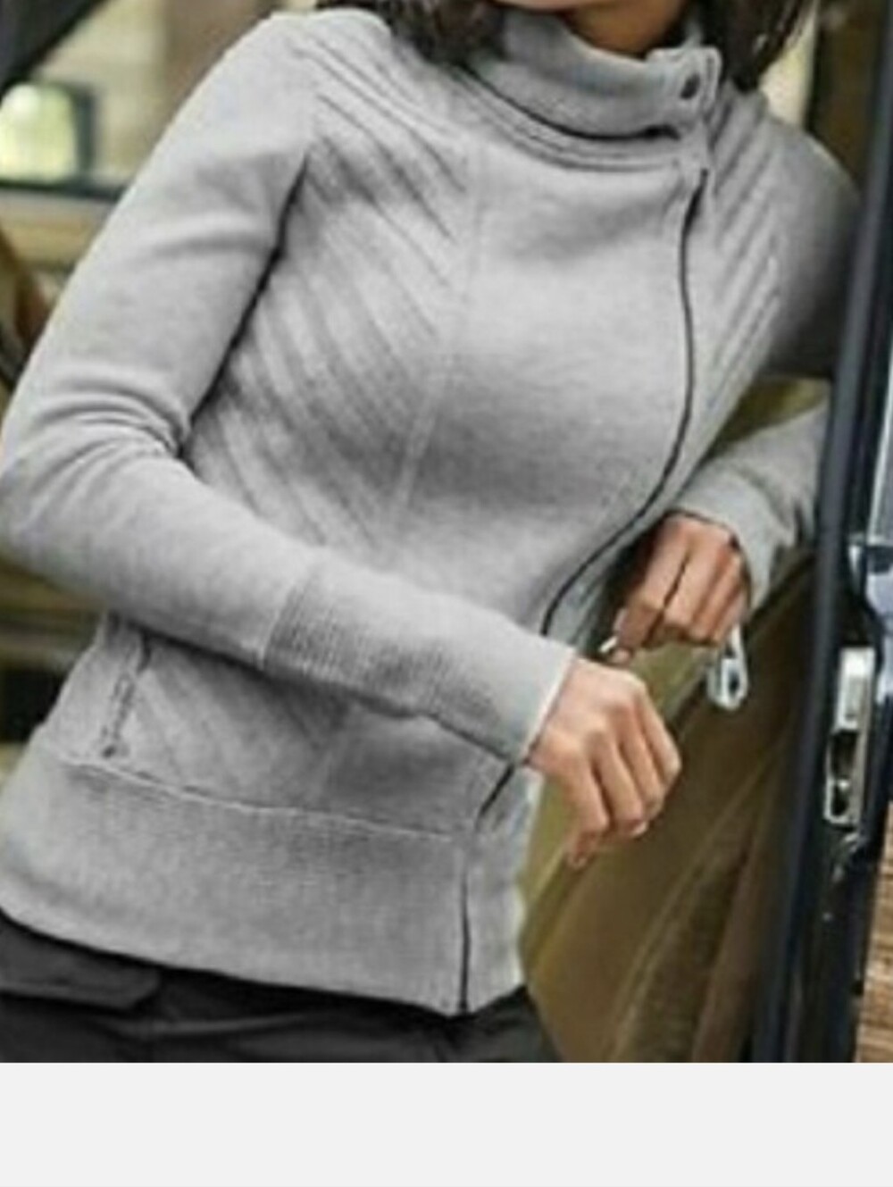 ATHLETA Mission Moto Light Gray Asymmetrical Zip Knit Wool Blend Sweater XL